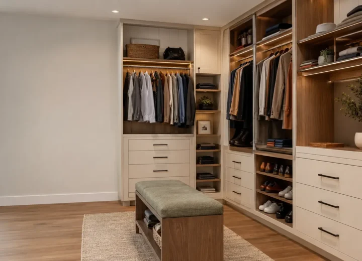 Custom walk-in closet with warm white cabinetry and walnut storage