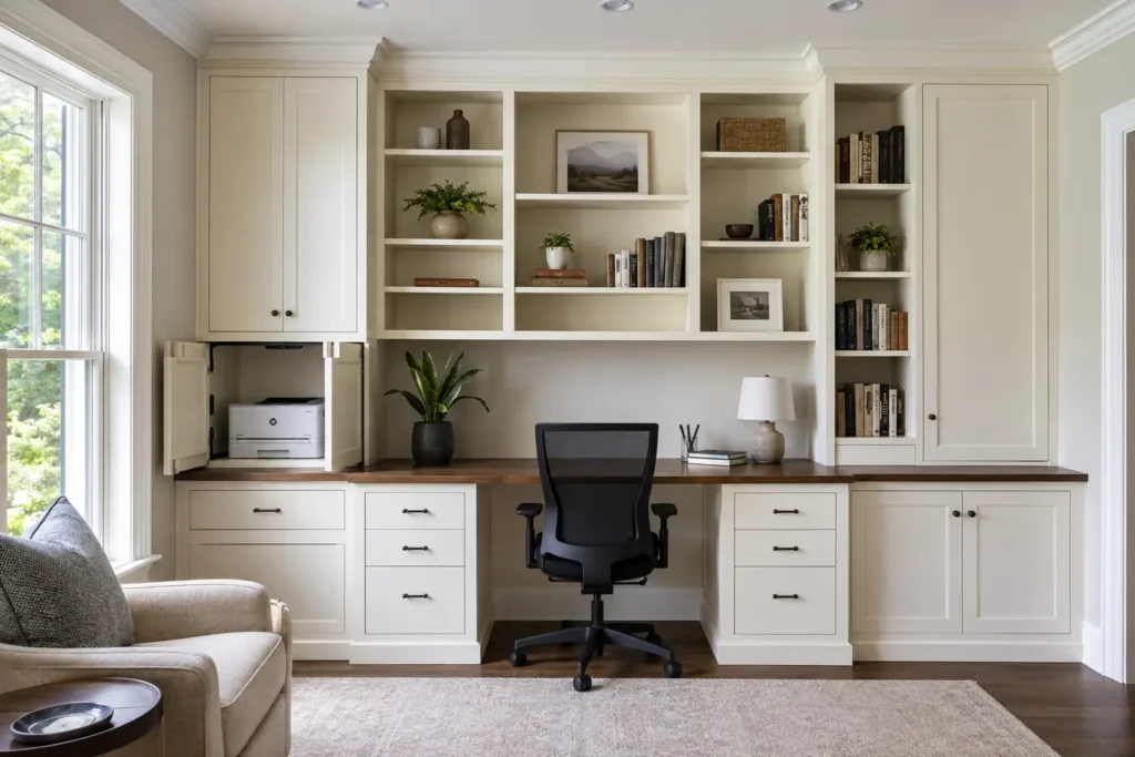Home Office Desk and Bookcase Wall
